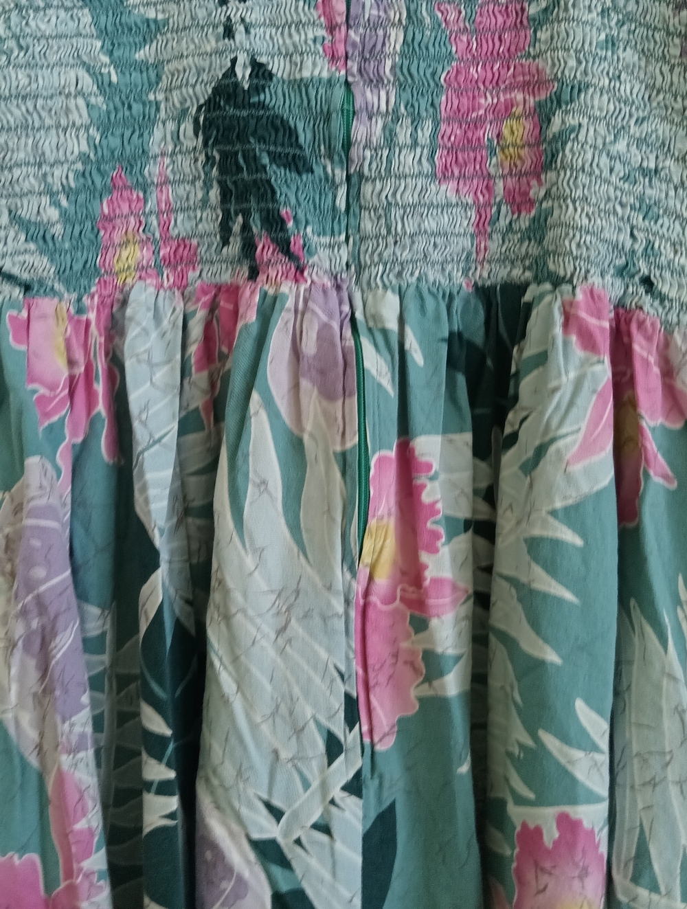 Hilo Hattie Teal Floral Midi Dress with Pink & Lavender Blooms Sun Dress Ruched - Picture 12 of 14